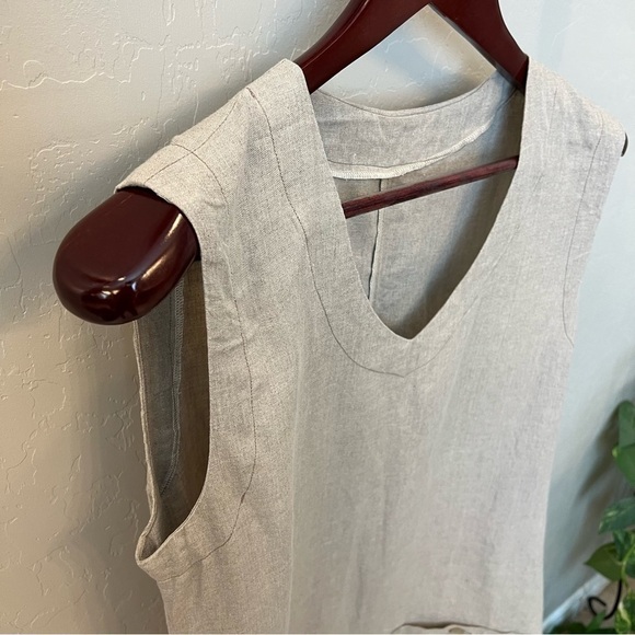 Boutique Linen tunic top Lagenlook asymmetric , pockets, sleeveless, tan, sz M - Picture 2 of 8